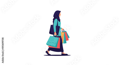 Flat vector illustration of a woman in a hijab carrying multiple colorful shopping bags walking on a plain white background.