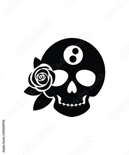 Black and White Floral Sugar Skull Illustration with Rose and Third Eye.