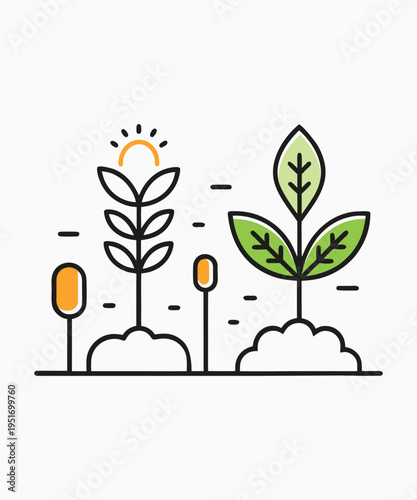 Eco Friendly Green Sprout And Nature Growth Line Art Flat Vector Illustration.