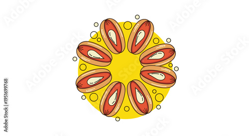 Stylized illustration of dates fruit arranged in a circular flower like pattern with a bright yellow sun background and bubbles.