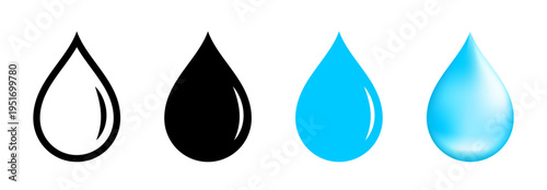 Water drop icons set, Blue Liquid, Solid and Outline Rain droplets Vector Symbols illustration