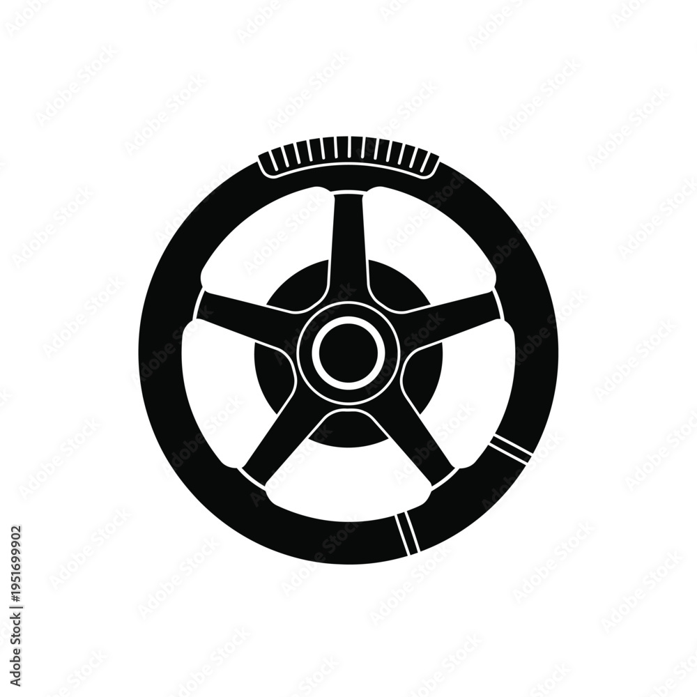 Obraz premium Black and white steering wheel with spokes and central hub
