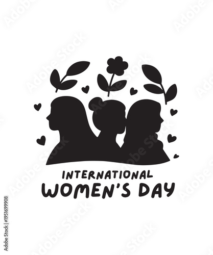 International Women's Day Elegant Black Lettering Typography with Decorative Floral Blossom Elements.
