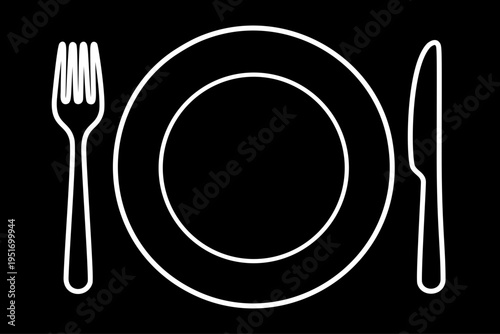 プレートとカトラリーセットのラインアイコン（白）