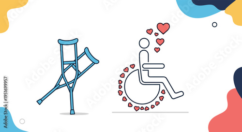 Simple line art icons representing accessibility with crutches and a person in a wheelchair surrounded by small red hearts.
