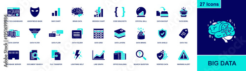 Big data icon set. Containing analytics dashboard, data center, filter, flow, database, mining, backup, security shield, code brackets, warning and more. Solid fill vector icons collection.