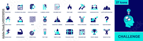 Challenge icon set. Containing brain idea, checklist search, climbing ladder, hurdles, maze, puzzle solution, mountain summit, target goal, trophy award and more. Solid fill vector icons collection.