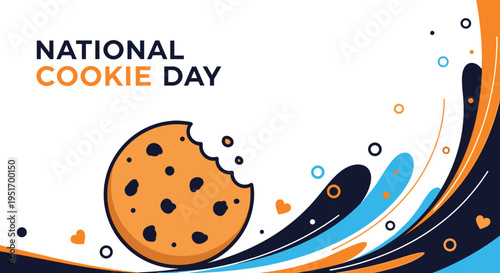Tempting National Cookie Day graphic featuring a large chocolate chip cookie with a bite taken out on a colorful background.