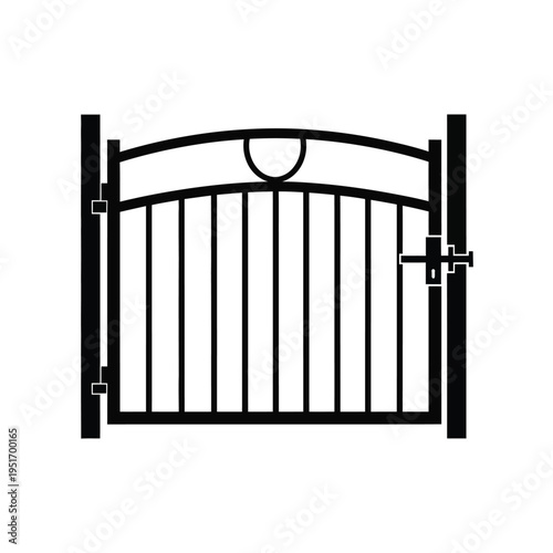 Black metal gate with vertical bars and decorative arch
