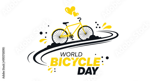 Active graphic for World Bicycle Day featuring a yellow bicycle riding along a curved path with heart and splash accents.