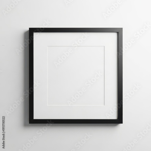 A black picture frame with a white matte hanging on a wall.