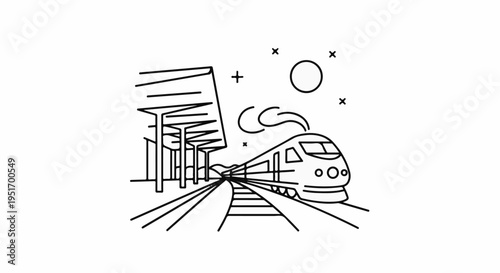 Modern train arriving at a station under a starry sky