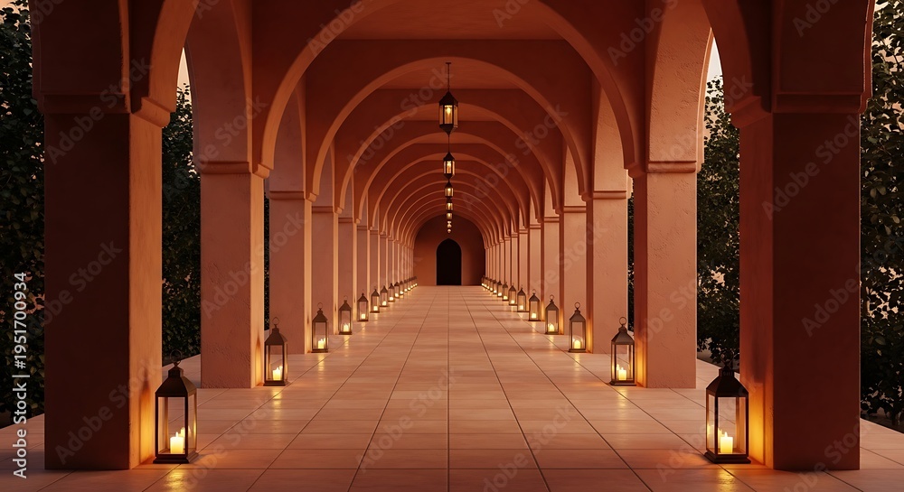 Obraz premium A serene and majestic arched walkway with warm lantern lighting