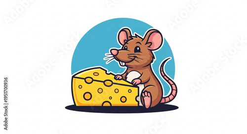 Cartoon mouse happily holding a large yellow cheese wedge on a blue background