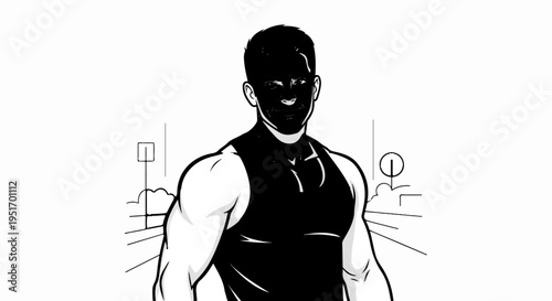 Muscular man in black tank top, facing forward, white background, simple lines