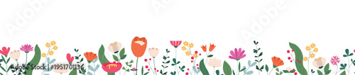 Horizontal seamless banner decorated with blooming flowers and leaves. Spring floral backdrop. Flat vector illustration on a white background