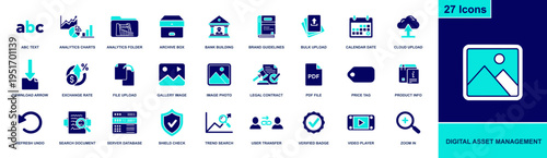 Digital asset management icon set. Containing archive box, bulk upload, cloud upload, gallery image, PDF file, brand guidelines, analytics folder, search, tags and more. Solid fill icons collection.