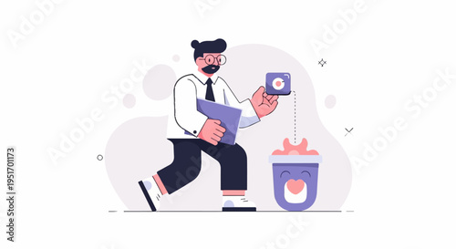 Man in suit holding file and object, dropping item into container