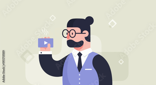 Man in suit holding steaming media player, abstract shapes