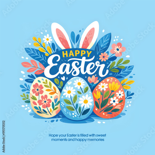 Happy Easter Celebration Background with Colorful Eggs, Spring Flowers, Bunny, Festive Greeting Card Design