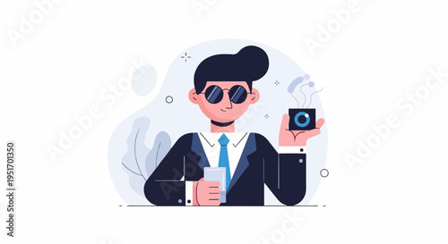 Man in suit with sunglasses holds a phone and a small camera
