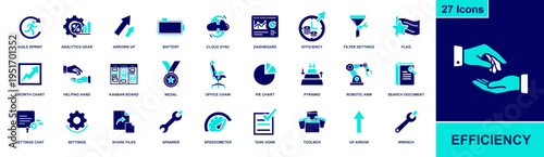 Efficiency icon set. Containing agile sprint, analytics dashboard, kanban board, cloud sync, battery, robotic arm, speedometer, task done, tools and more. Solid fill vector icons collection.