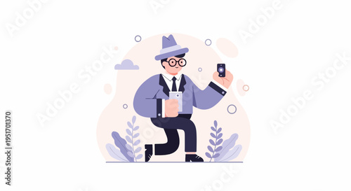 Man in hat and glasses kneels taking a selfie with a phone