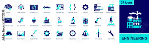 Engineering icon set. Containing blueprint, circuit board, robot arm, microscope, lab flask, solar panel, wind turbine, tools, safety helmet and more. Solid fill vector icons collection.