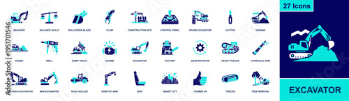 Excavator icon set. Containing backhoe, bulldozer blade, dump truck, digging, hydraulic arm, heavy tracks, road roller, crane excavator, drill and more. Solid fill icons collection.