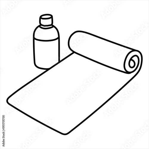 Yoga mat and water bottle line art coloring page, simple pilates or fitness accessories outline for healthy lifestyle practice bold and easy coloring page for summer