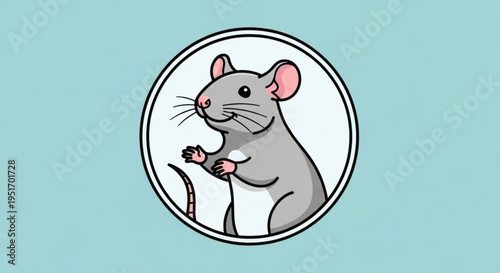 Cute cartoon mouse standing on hind legs in circle frame on blue background