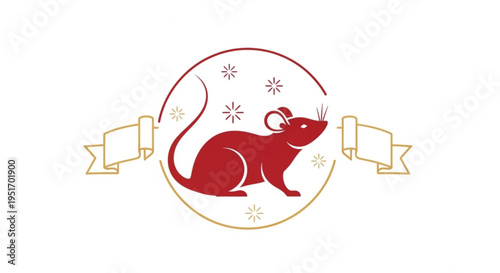 Red mouse in circle with ribbons and snowflakes festive symbol for chinese new year or zodiac sign