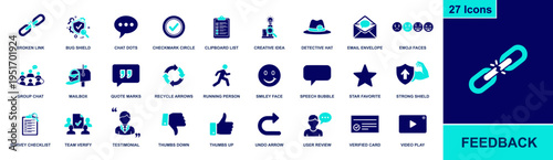 Feedback icon set. Containing chat, review, survey, testimonial, thumbs up, thumbs down, checklist, verified card, smiley, and more. Solid fill vector icons for user feedback systems.