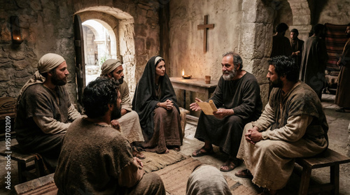 Group of disciples and woman listening to elderly teacher reading ancient scroll. Historical biblical scene in stone room. Religion, faith and spiritual community education concept.
