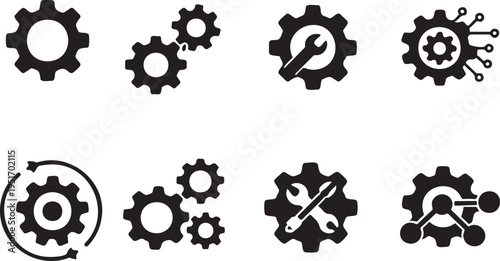 gear cogwheel settings icon set mechanical symbols, machine gear shapes collection minimal graphic pack, settings gear icon bundle engineering elements