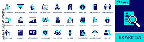 HR written icon set. Containing analytics, applicant funnel, interview, resume, job offer, training, team settings, time clock, and more. Solid fill vector icons for recruitment systems.