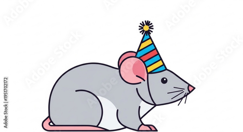 A cute cartoon mouse wearing a colorful striped party hat on its head sitting on white background celebrating birthday or fun occasion with festive look