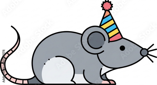 A gray cartoon mouse wearing colorful striped party hat with pink pom pom on white background celebrating birthday