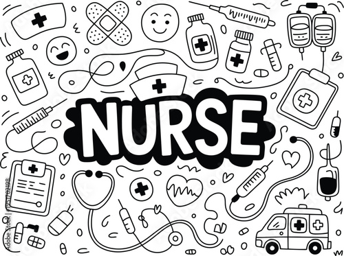 Doodle medical icon set, hand drawn nurse and healthcare elements including medical tools symbols and hospital items for playful health design.