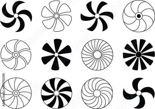 Silhouette of various pinwheel designs in black and white