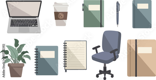 Office desk items laptop, coffee cup, notebooks, pen, chair, potted plant