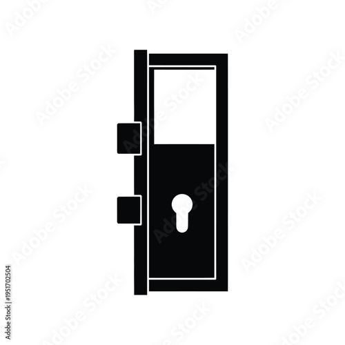Black and white silhouette of a door with keyhole and two hinges