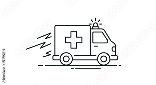 Ambulance vehicle with flashing lights and medical cross symbol.