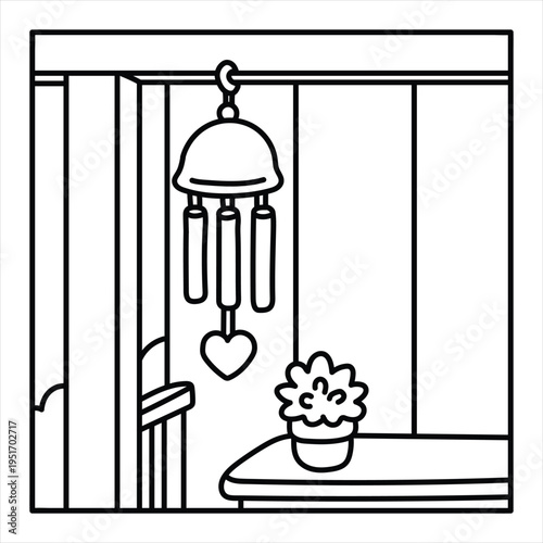 Wind chime hanging on porch with heart shape and potted plant coloring book page vector illustration of peaceful outdoor scene and home decoration bold and easy coloring page for summer