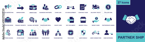 Partnership icon set. Containing briefcase, chain link, handshake, contract, team, network, shield, money, and more. Solid fill vector icons collection for business partnership concepts.