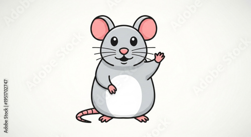 Foto A cheerful gray cartoon mouse waves with one hand on a plain background conveyin