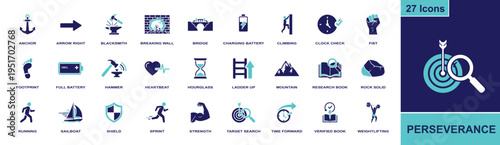 Perseverance icon set. Containing anchor, climbing, ladder, mountain, shield, target, sprint, strength, hourglass and more. Solid fill vector icons collection for resilience concepts.