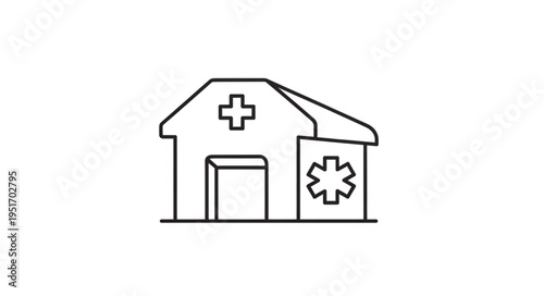 Simple Line Drawing of a Medical Building with Cross and Star of Life Symbols.
