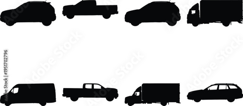 Assortment of black vehicle silhouettes: SUVs, pickup trucks, vans, and a station wagon on white.