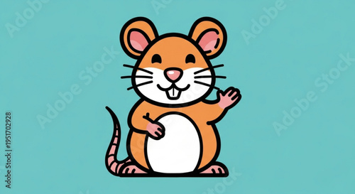 Friendly cartoon mouse waving hand standing on hind legs teal background